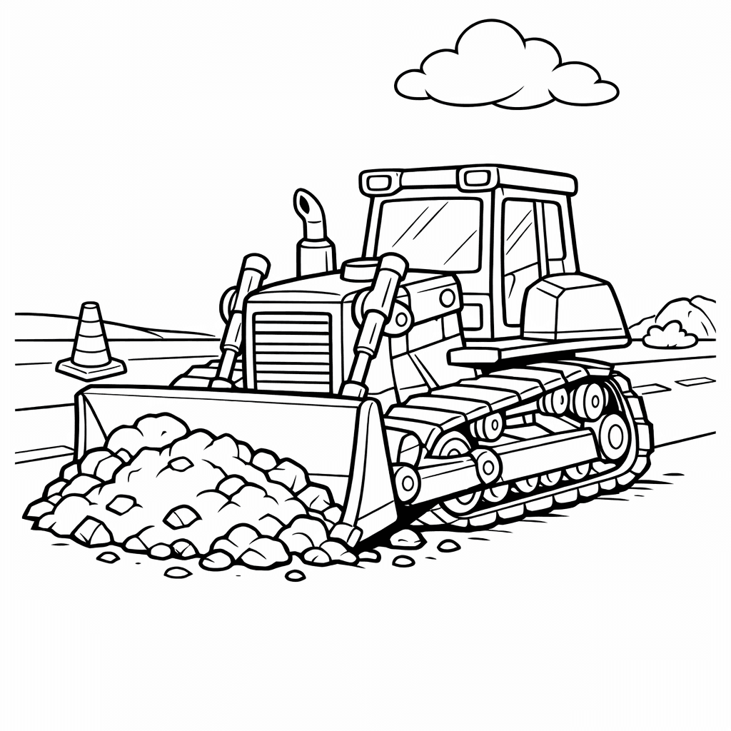 Free printable coloring page: A Determined Bulldozer Pushes A Mound Of Dirt…, for ages 7-12