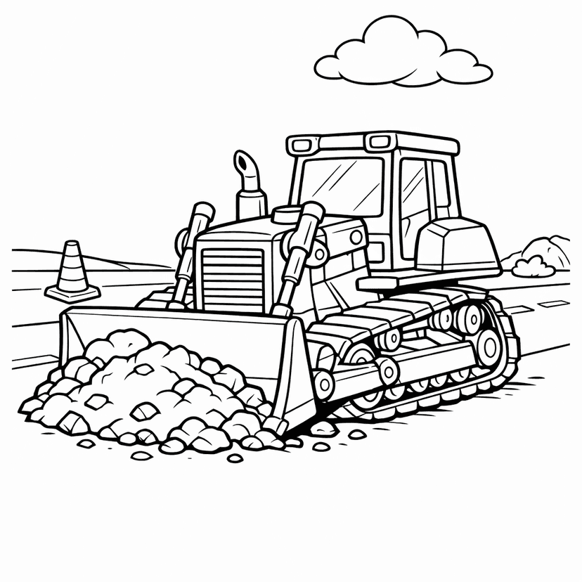 Free printable coloring page: A Determined Bulldozer Pushes A Mound Of Dirt…, for ages 7-12
