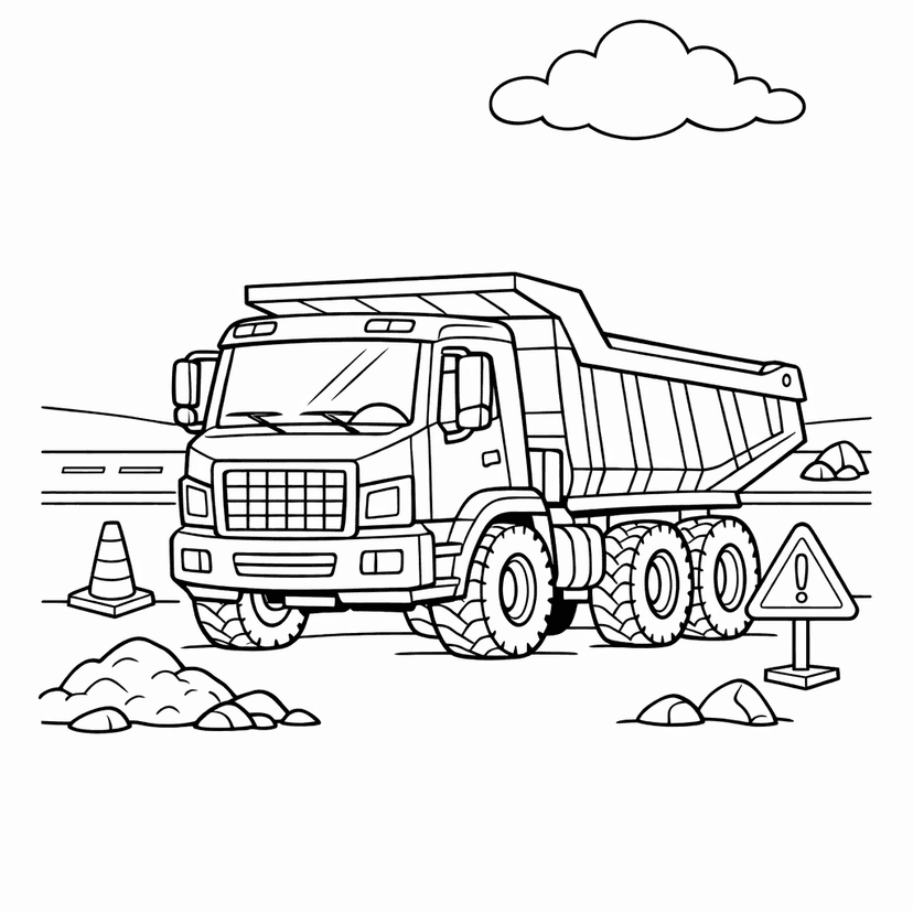 Free printable coloring page: A Cheerful Yellow Excavator Digs A Giant Hole…, for ages 7-12