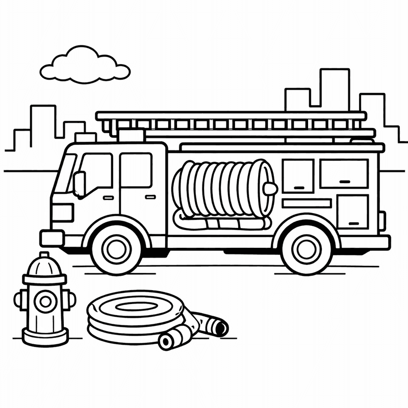 Free printable coloring page: Fire Truck With Crew, for ages 3-6