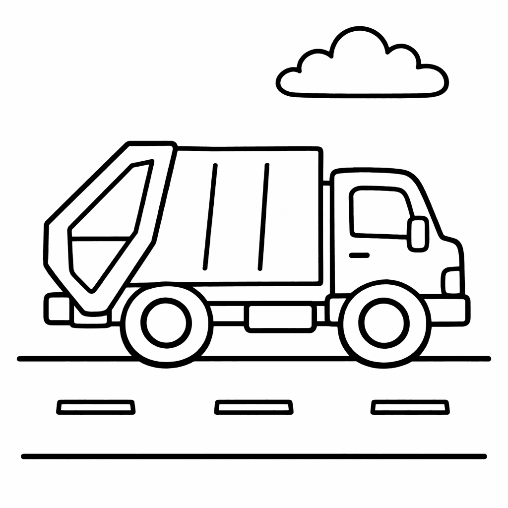 Free printable coloring page: A Cheerful Garbage Truck Rolls Down A Sunny…, for ages 3-6