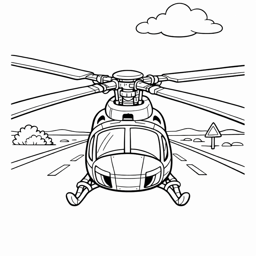 Helicopter Coloring Page — A Bright Yellow Helicopter Lands Beside A Sandy…