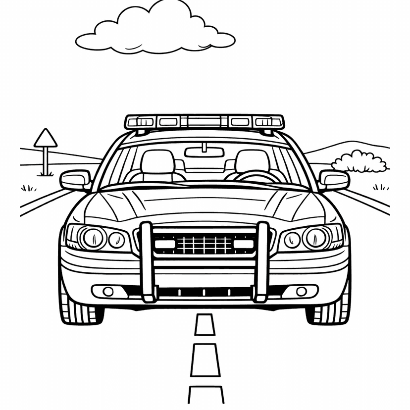 Free printable coloring page: A Police Car Parked At A School, With…, for ages 7-12