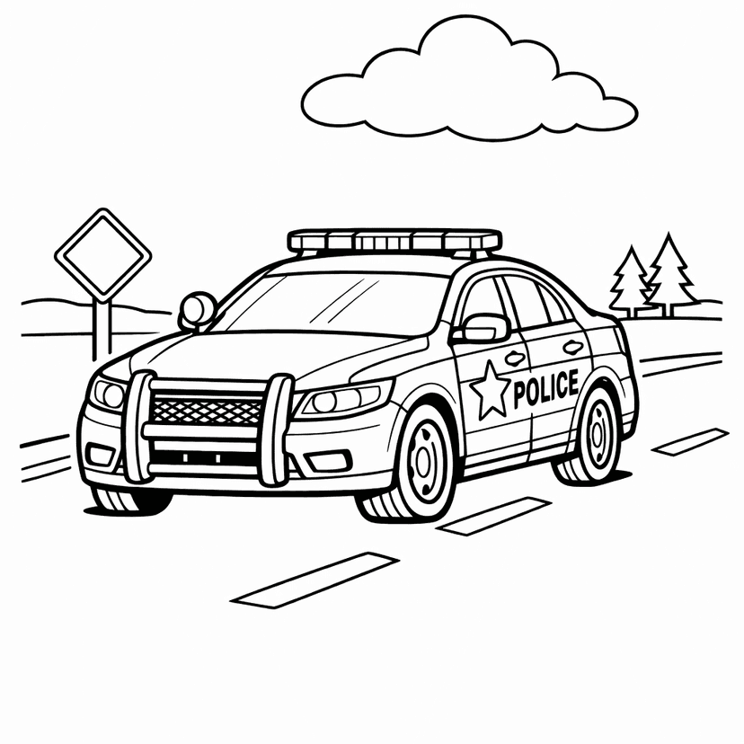 Free printable coloring page: In A Whimsical Forest Clearing, A Police Car…, for ages 7-12