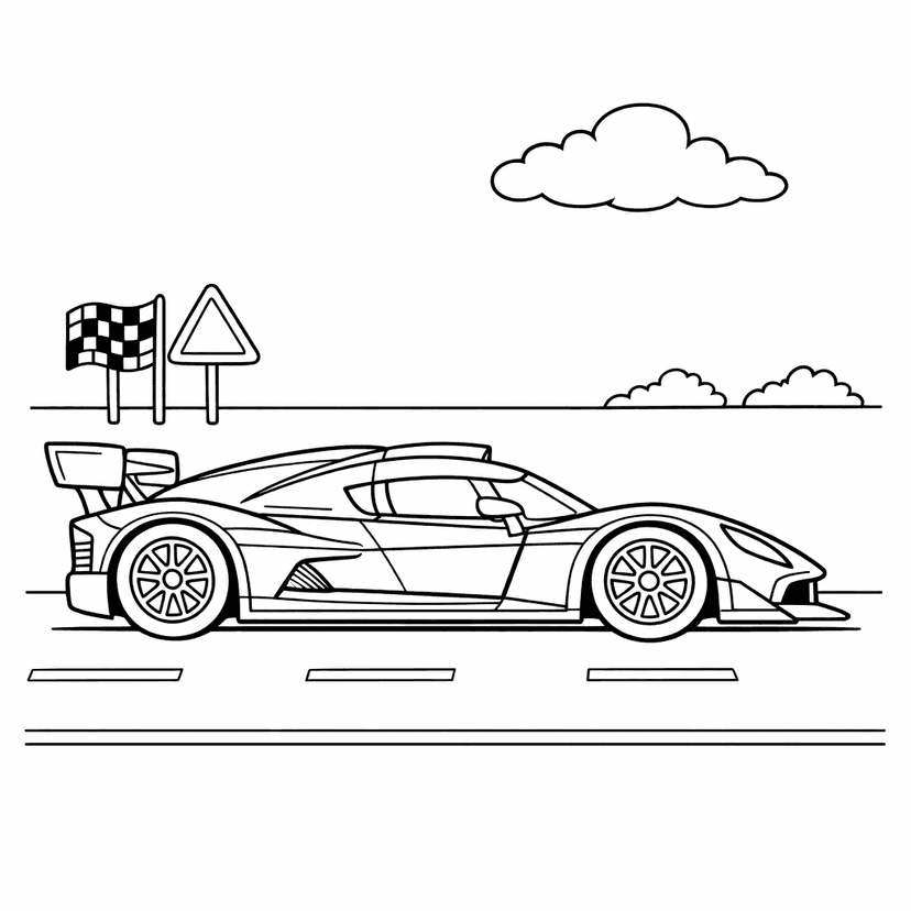 Free printable coloring page: A Sleek, Cartoon-style Race Car Zooms On A…, for ages 7-12