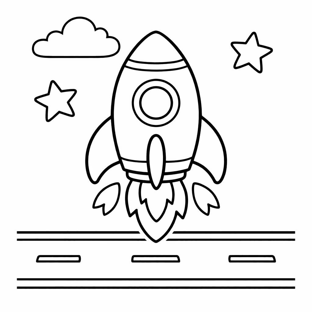 Free printable coloring page: A Colorful Rocket Ship Blasts Off From A…, for ages 3-6