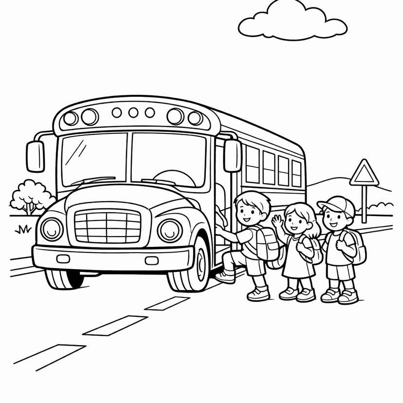 Free printable coloring page: A School Bus Drives Through A Whimsical Forest,…, for ages 7-12