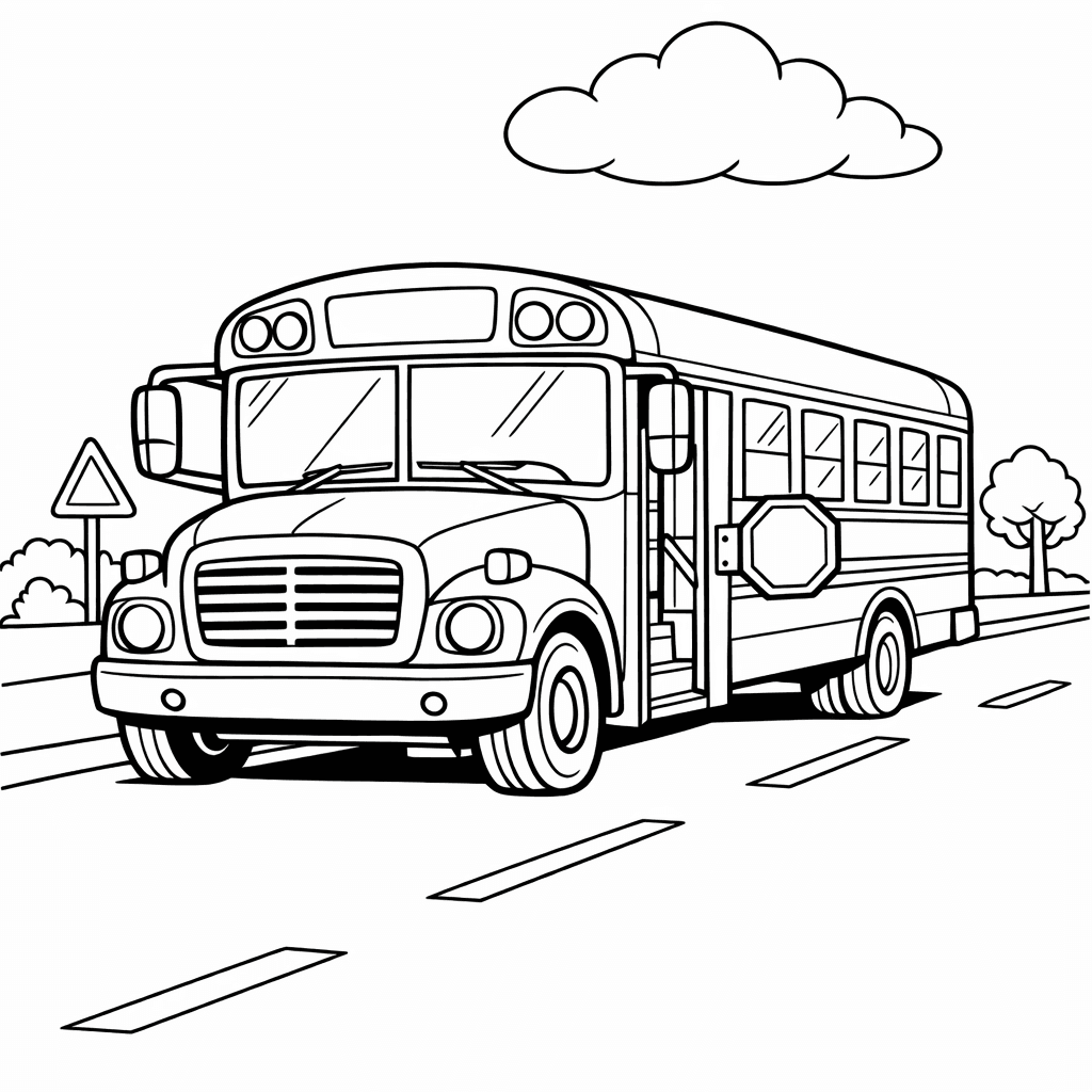 Free printable coloring page: A School Bus Stands In Front Of A…, for ages 7-12