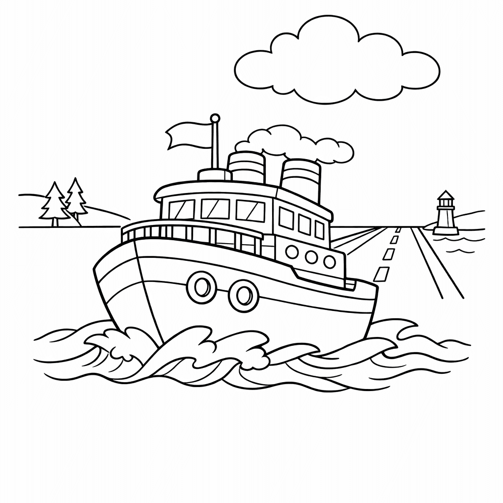 Free printable coloring page: A Tugboat Chugs Along A Busy Harbor Filled…, for ages 3-6