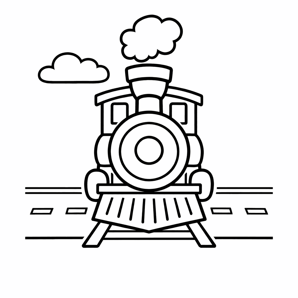 Free printable coloring page: A Bright Red Steam Locomotive Puffs Smoke As…, for ages 3-6
