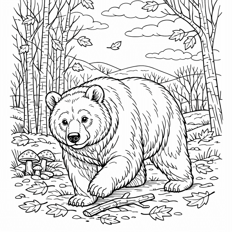 Free printable coloring page: A Bear Catching Salmon In A River, for ages 7-12