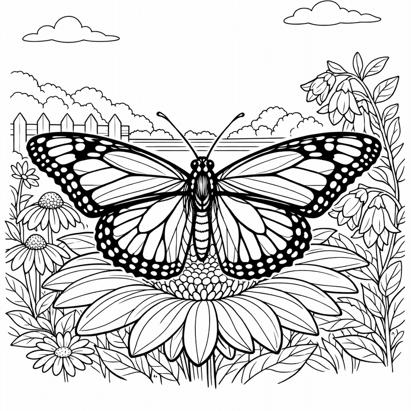 Free printable coloring page: A Butterfly Drinking Nectar From A Rose, for ages 7-12