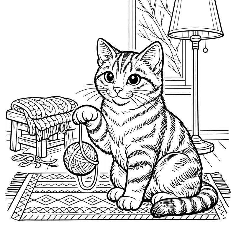 Free printable coloring page: A Cat Playing With A Ball Of Yarn On A Rug, for ages 7-12