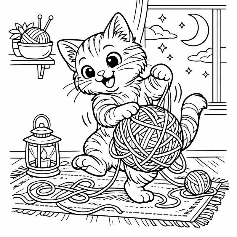 Free printable coloring page: A Cat Playing With A Ball Of Yarn…, for ages 7-12