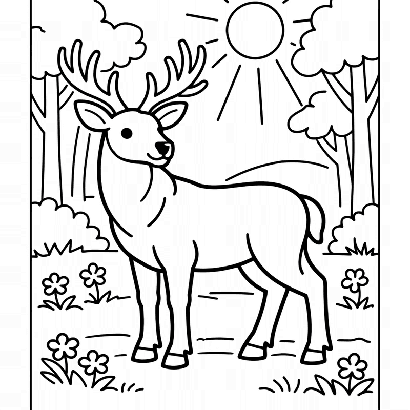 Free printable coloring page: A Deer Family With Buck Doe And Fawn…, for ages 3-6
