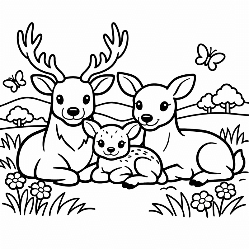 Free printable coloring page: Object Only: Two Deers Sitting Together, Simple And…, for ages 3-6