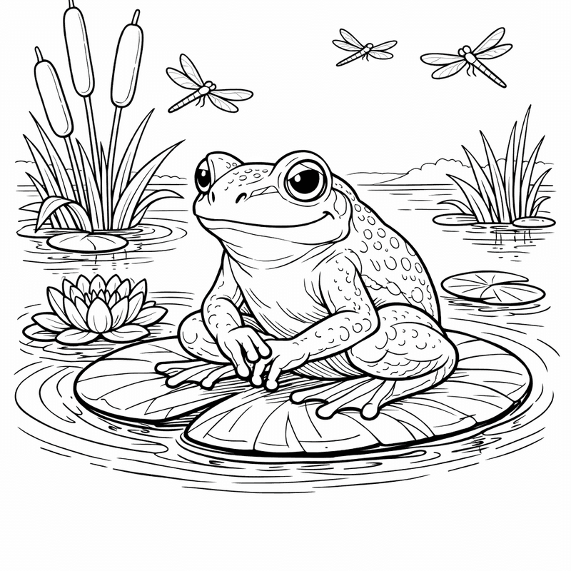 Free printable coloring page: A Frog Catching A Fly With Its Long…, for ages 7-12