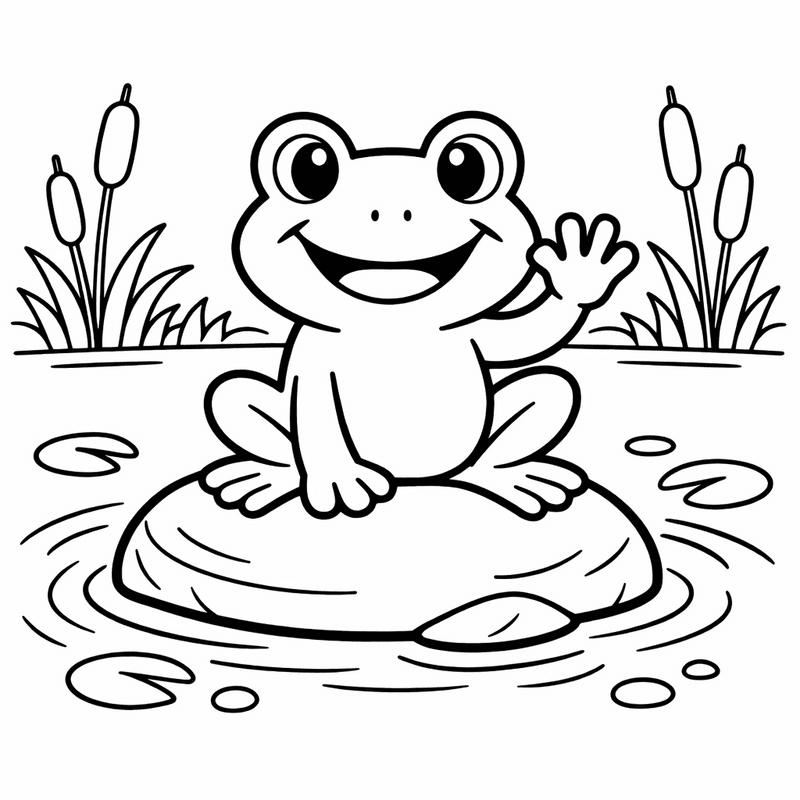 Free printable coloring page: A Frog Mid-jump With Legs Extended Over Water, for ages 3-6