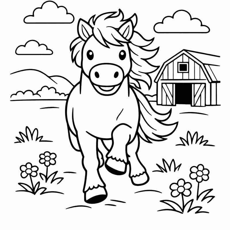 Horse Coloring Page — A Horse Galloping Through A Meadow