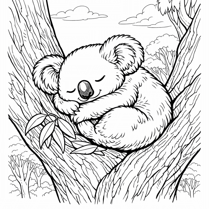 Free printable coloring page: A Baby Koala Riding On Its Mothers Back, for ages 7-12