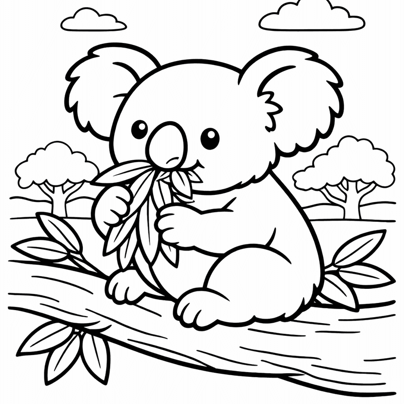 Free printable coloring page: A Koala Hugging A Eucalyptus Tree Branch, for ages 3-6