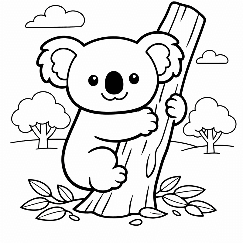 Free printable coloring page: A Koala Hugging A Eucalyptus Tree Branch, for ages 3-6