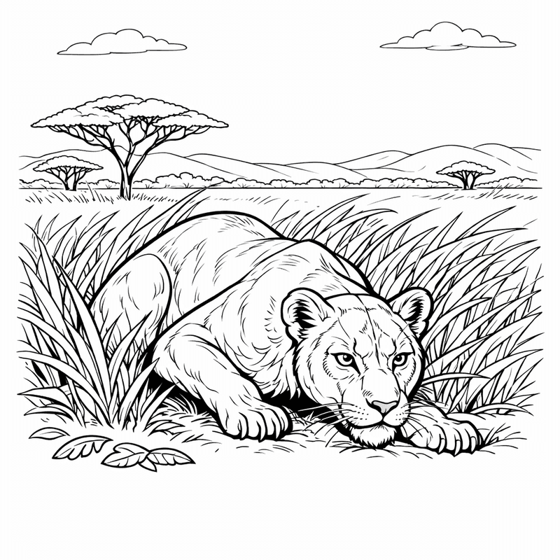 Free printable coloring page: A Lion Family Gathered At A Watering Hole, for ages 7-12