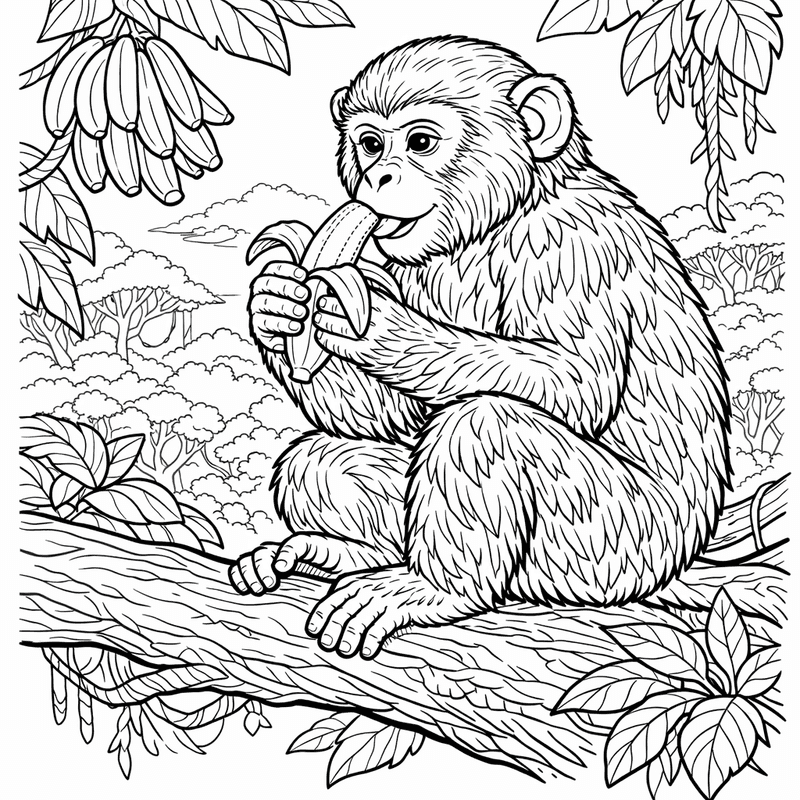 Free printable coloring page: A Monkey Swinging From A Vine In The…, for ages 7-12