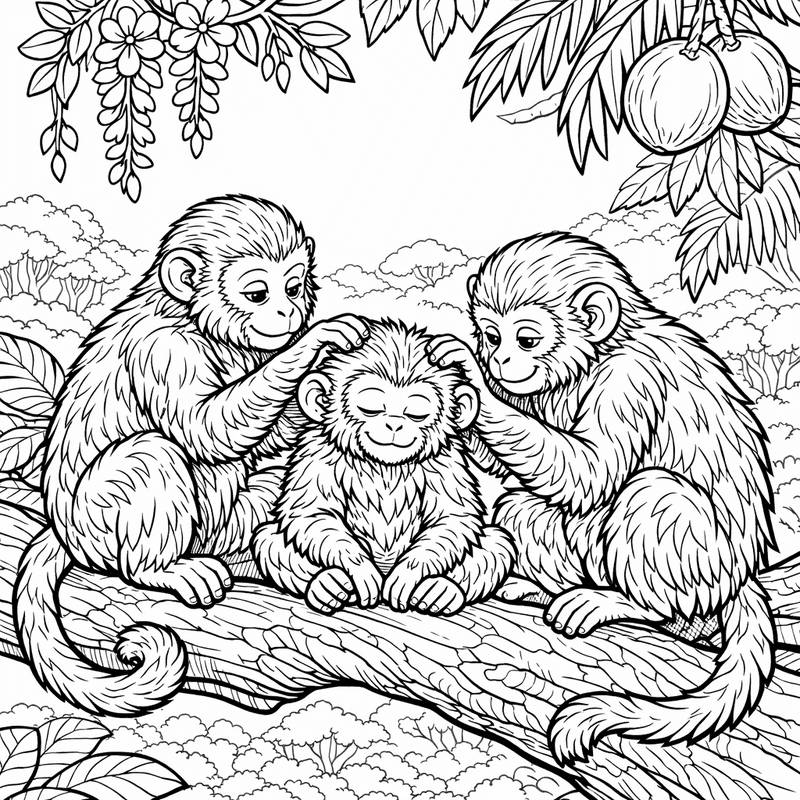 Free printable coloring page: A Monkey Family Grooming Each Other In A…, for ages 7-12