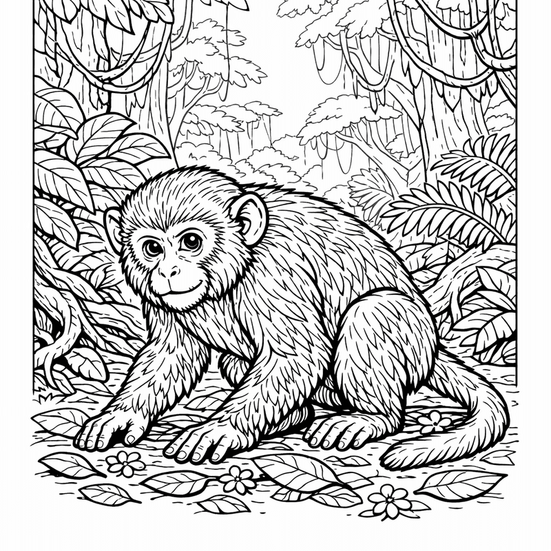 Free printable coloring page: A Monkey Eating A Banana While Sitting On…, for ages 7-12