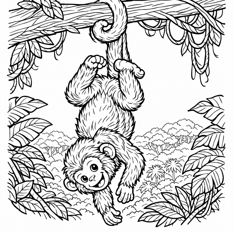 Free printable coloring page: A Monkey Hanging Upside Down From A Tree…, for ages 7-12
