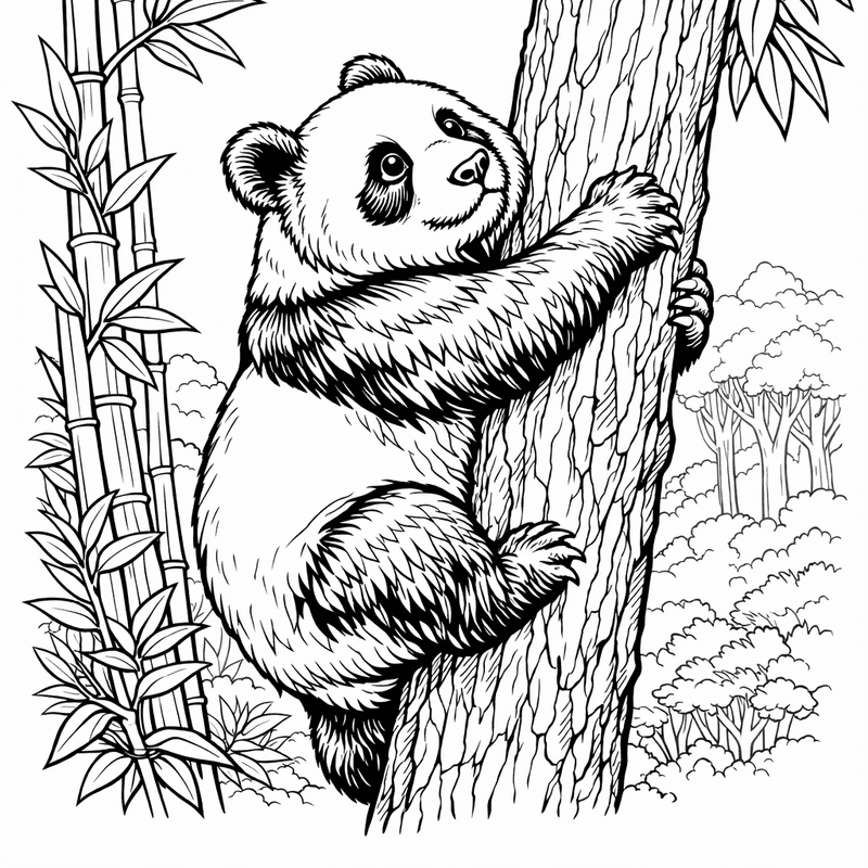 Free printable coloring page: A Panda Climbing A Tree With Bamboo In The Background, for ages 7-12