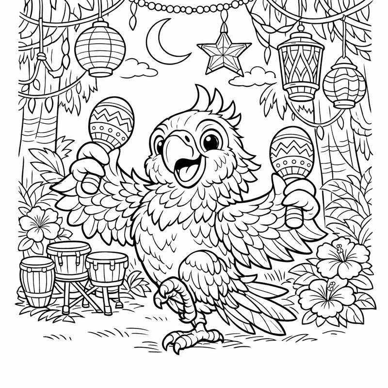 Free printable coloring page: A Parrot Perched On A Tropical Branch With…, for ages 7-12
