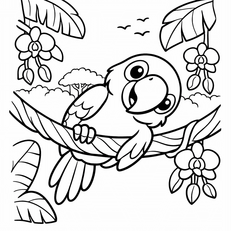 Free printable coloring page: Two Parrots Sitting Together On A Vine, for ages 3-6