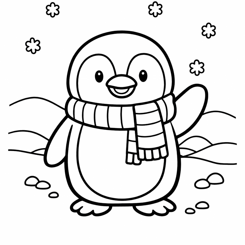 Free printable coloring page: A Penguin Waving With One Flipper Wearing A Scarf, for ages 3-6