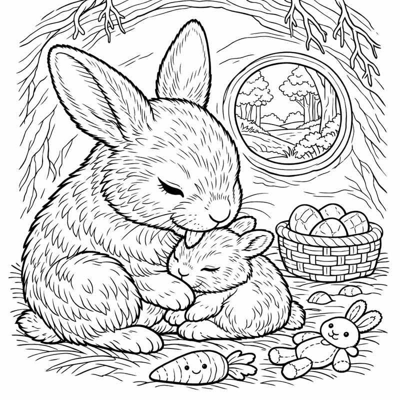 Free printable coloring page: Two Baby Bunnies Cuddling Together, for ages 7-12