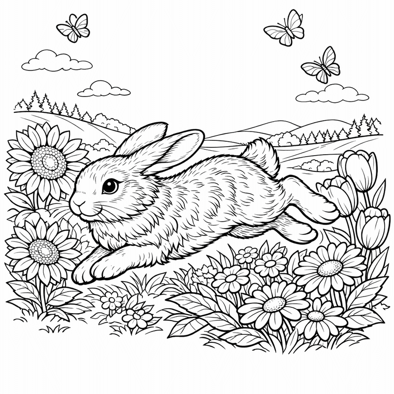 Free printable coloring page: A Bunny Eating A Carrot In A Vegetable…, for ages 7-12