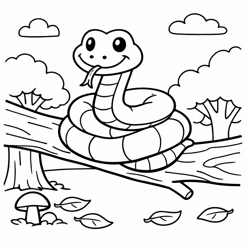 Free printable coloring page: A Friendly Snake Coiled Around A Tree Branch, for ages 3-6