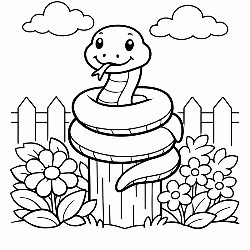 Free printable coloring page: A Friendly Snake Coiled Around A Tree Branch, for ages 3-6