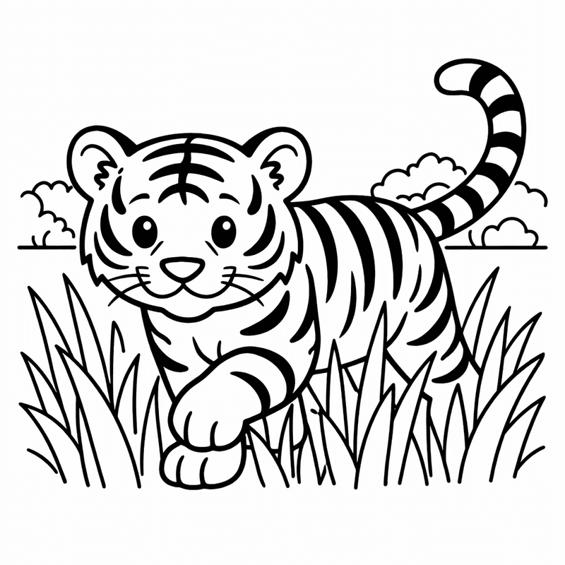 Free printable coloring page: A Tiger Cub Playing With A Butterfly, for ages 3-6