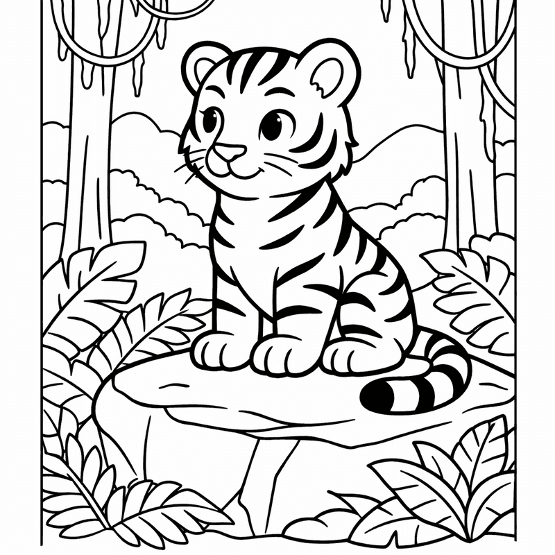 Free printable coloring page: A Tiger Splashing In A Jungle River, for ages 3-6