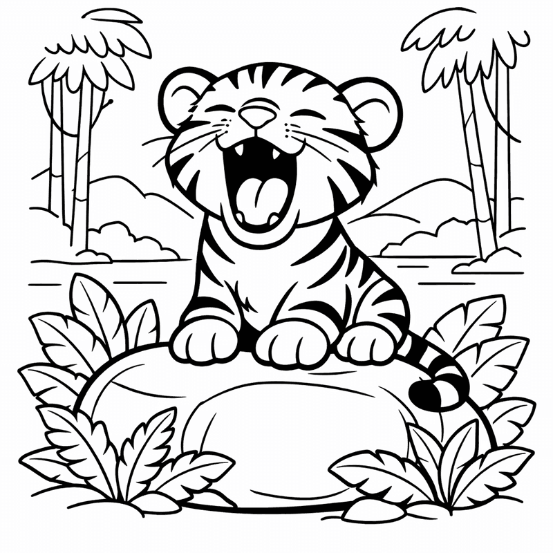 Free printable coloring page: A Tiger Sitting Regally On A Rock Overlooking…, for ages 3-6