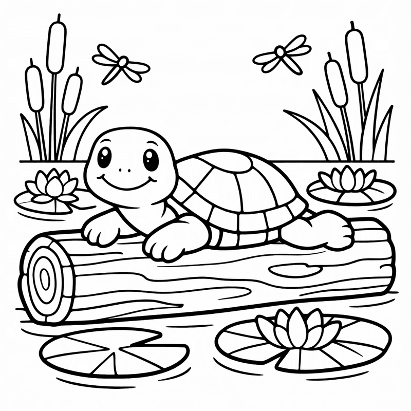 Free printable coloring page: A Turtle Sunbathing On A Log In A…, for ages 3-6