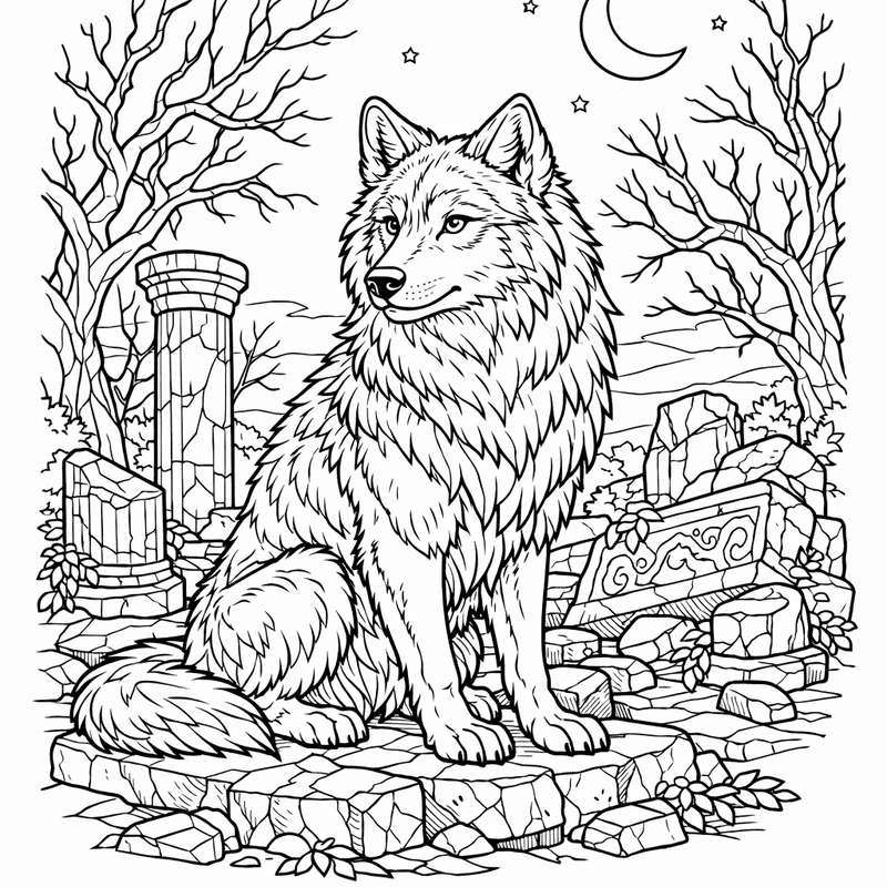 Free printable coloring page: A Wolf Walking Through A Snowy Forest, for ages 7-12