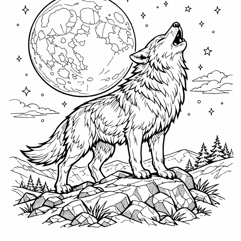 Free printable coloring page: A Wolf Family Resting Together Outside Their Den, for ages 7-12