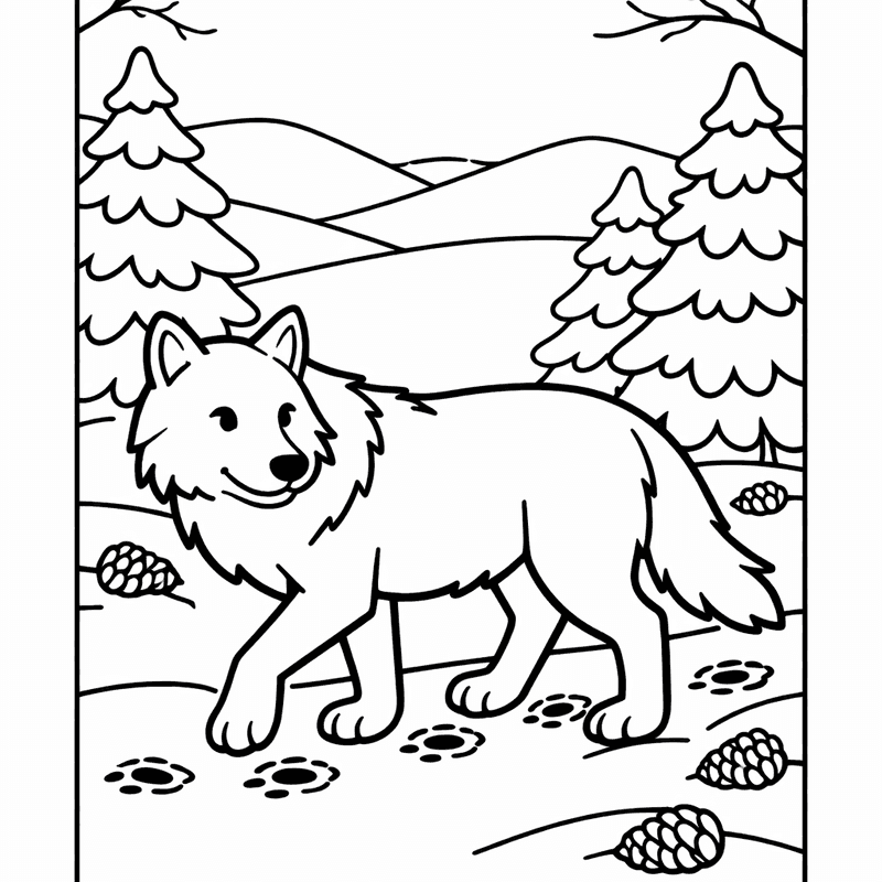 Free printable coloring page: Object Only: A Cute Wolf With Clean Outlines,…, for ages 3-6