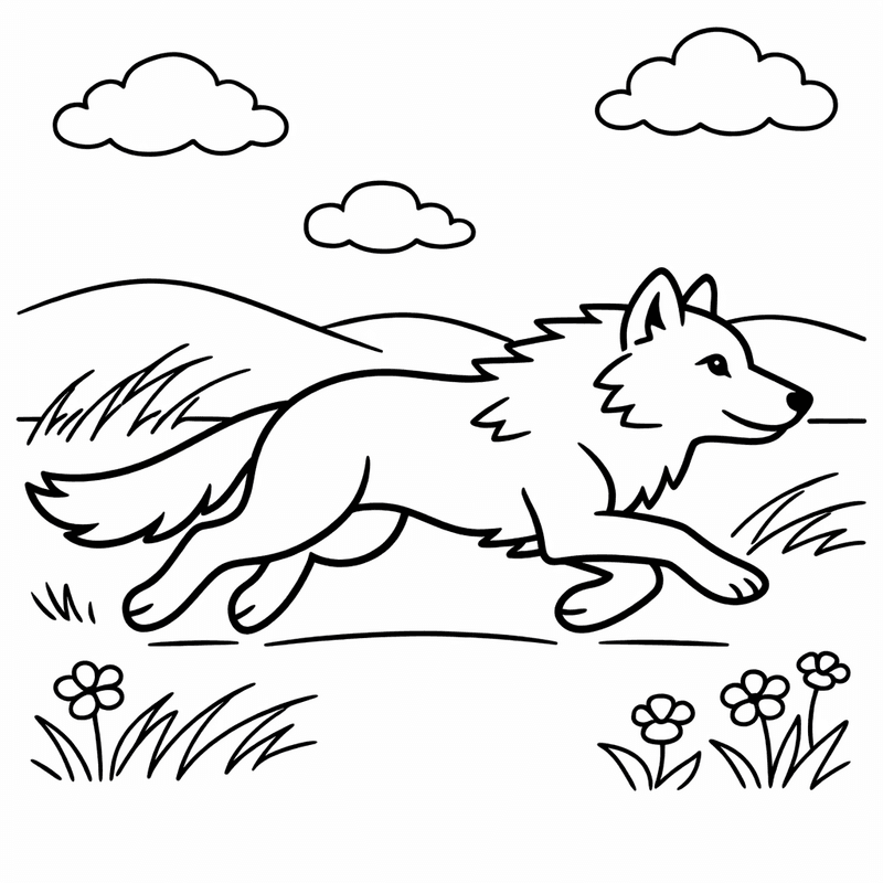 Free printable coloring page: A Wolf Running Through An Open Field, for ages 3-6