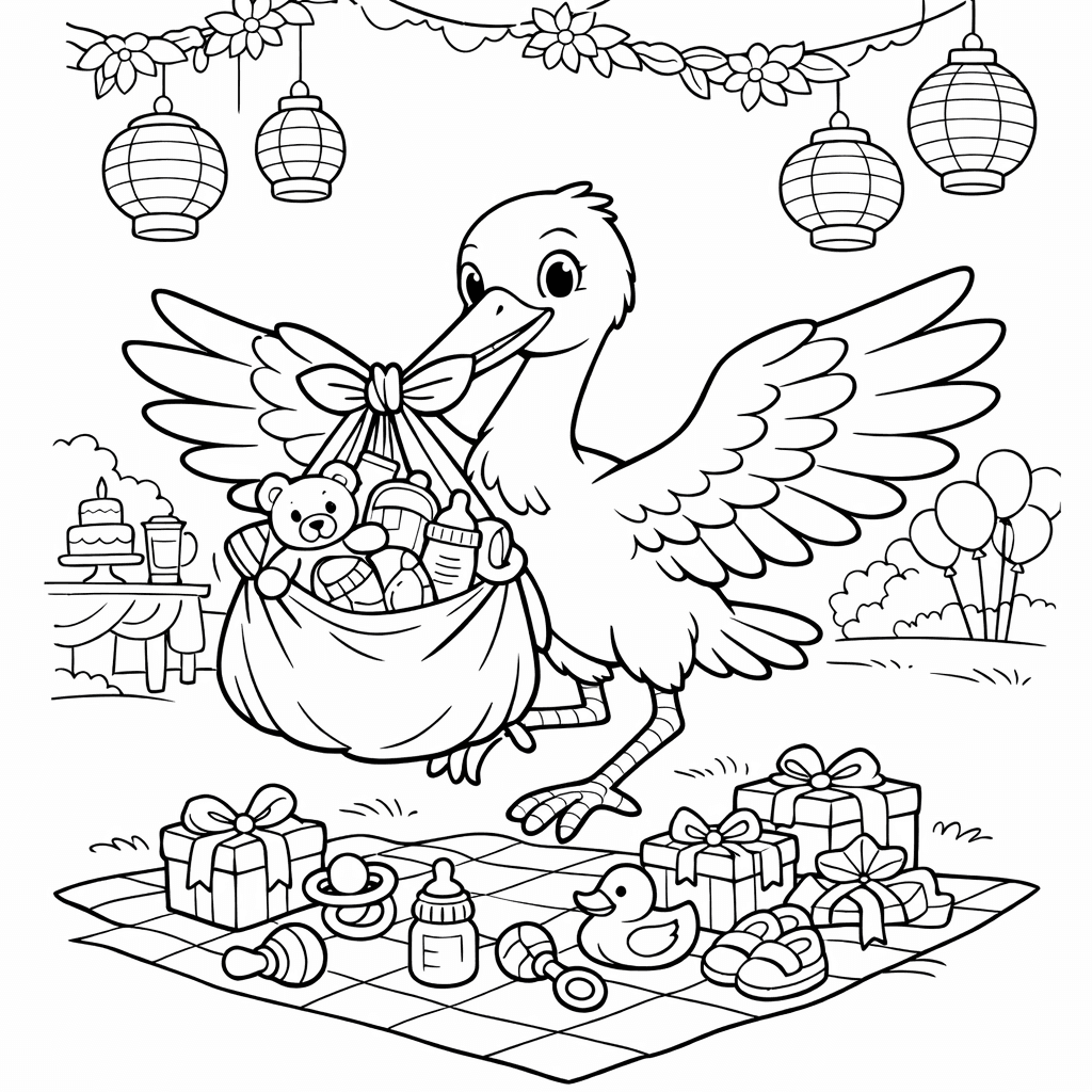 Free printable coloring page: Baby Shower Gifts, for ages 7-12