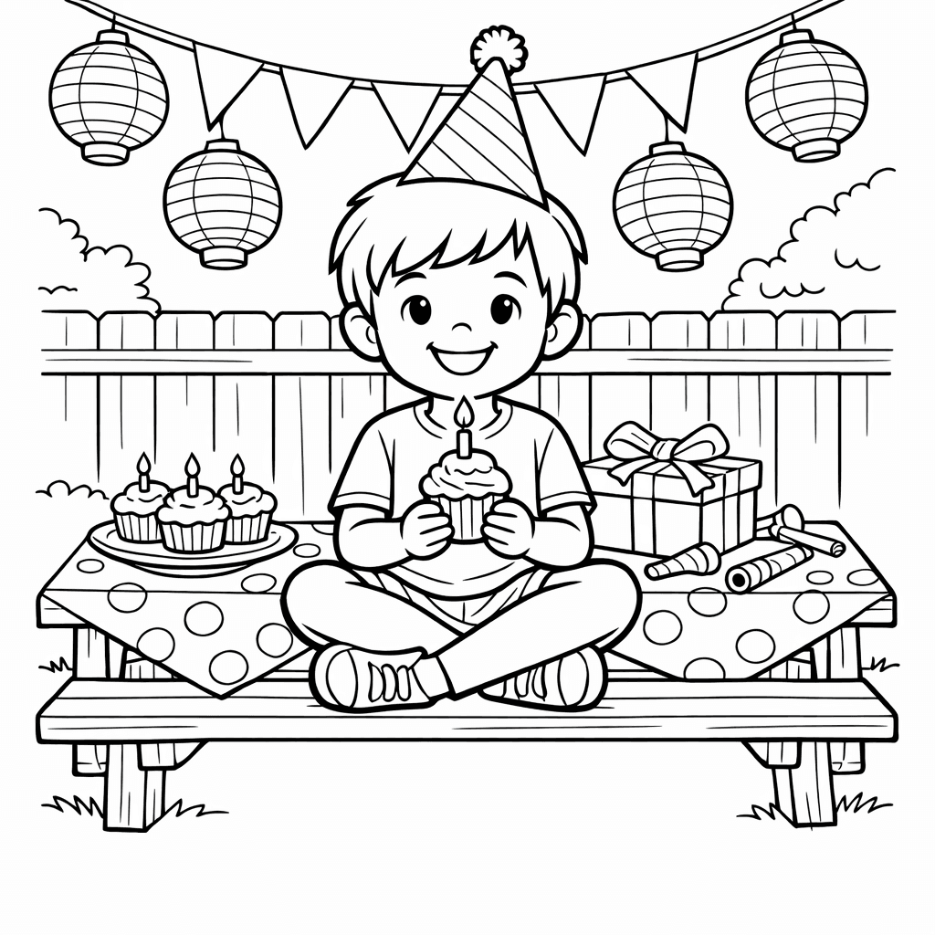 Free printable coloring page: Birthday Cupcake, for ages 7-12