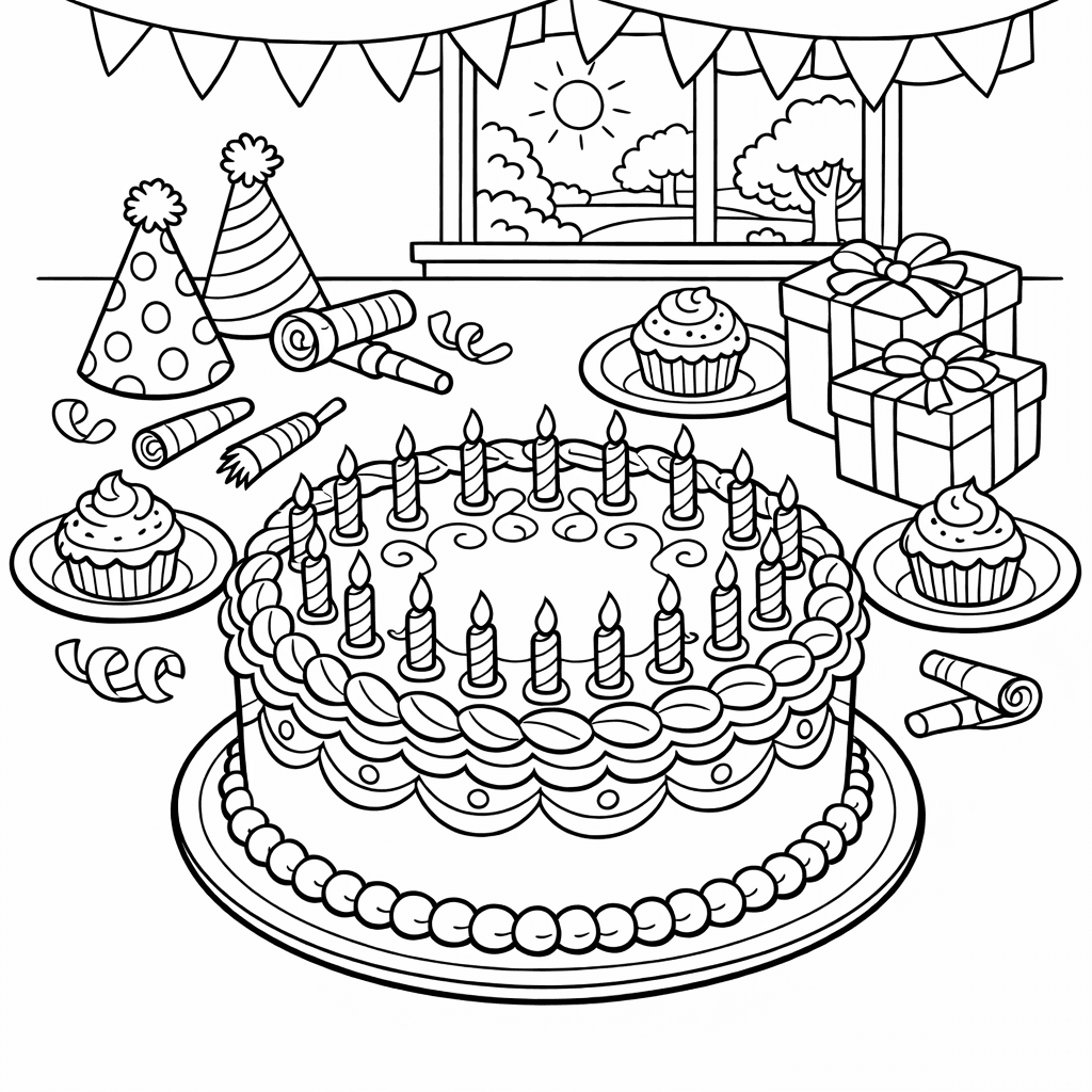 Free printable coloring page: Object Only: A Cute Birthday With Clean Outlines,…, for ages 7-12